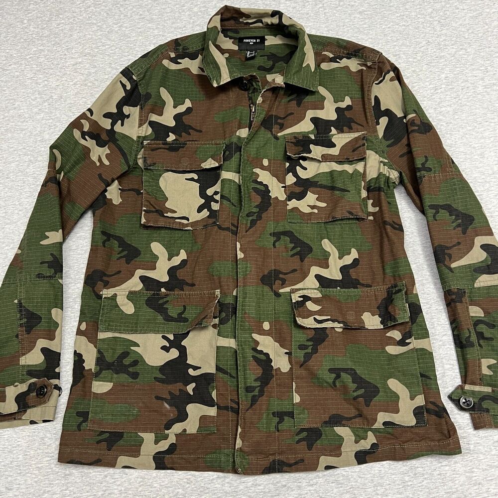 Forever 21 Mens Jacket Large Camo 4 Pocket Utility Rip Stop Full Zip Army Street